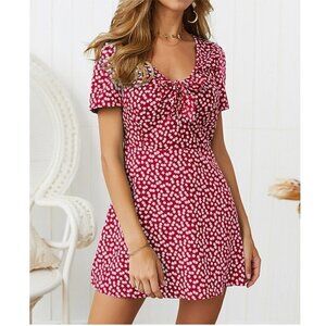 Sucrefas Red Floral Bow Accent V-Neck Dress M